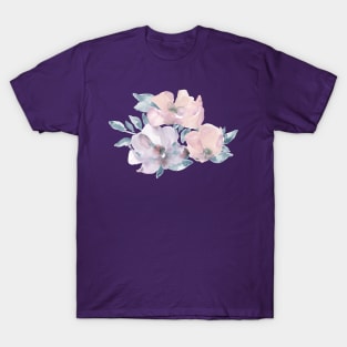 Watercolor of pink and purple flowers over blue background T-Shirt